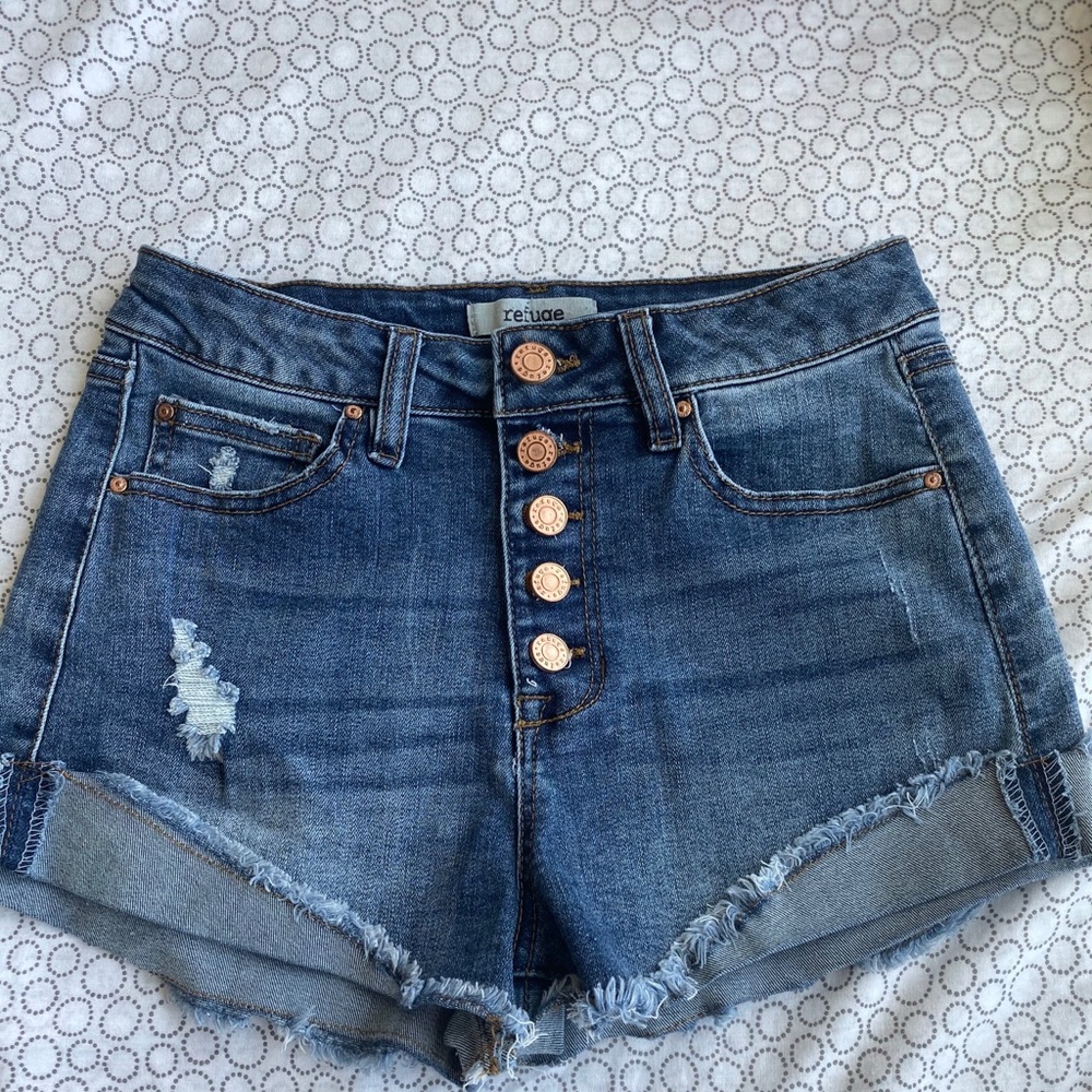 Refuge, dark wash blue high rise denim shorts